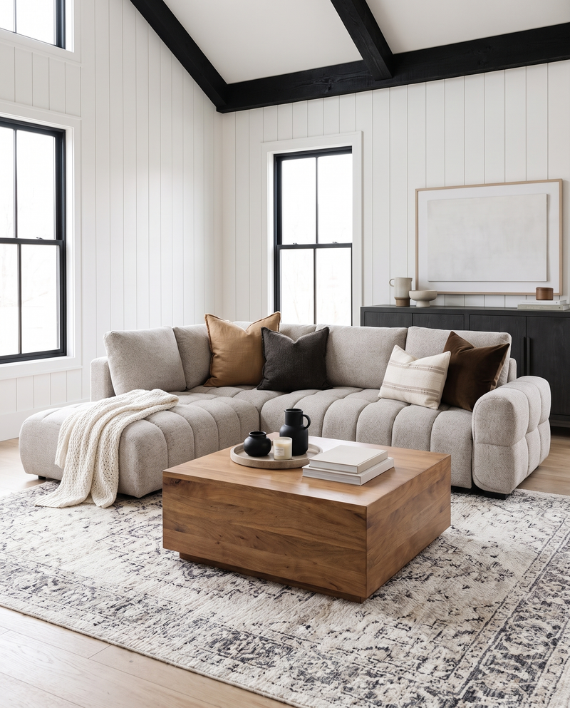 Aykah chenille Harmony Sectional in Oat Tweed, styled with a wood coffee table under a beamed ceiling