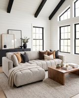 Aykah chenille Harmony Sectional in Oat Tweed, styled in a sunlit living room with white walls