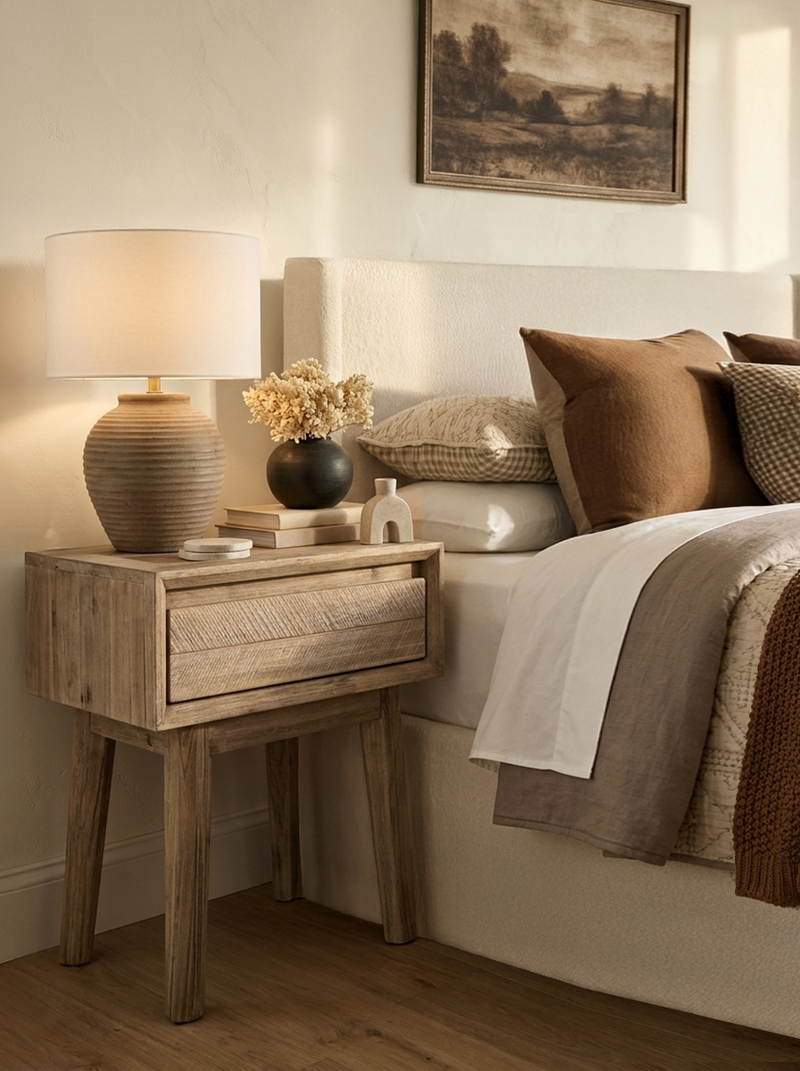 Homestead 1 Drawer Nightstand, styled in a room