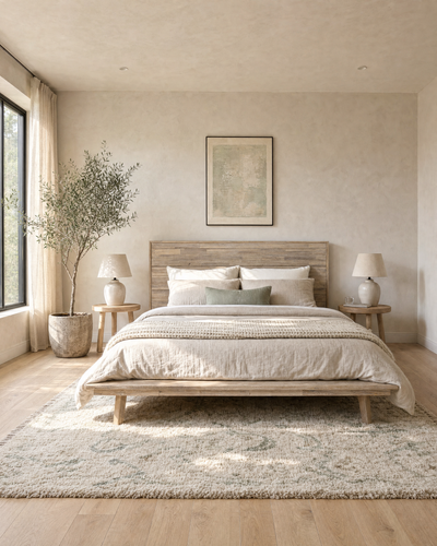 Homestead Bed in Light Driftwood, styled in a bedroom