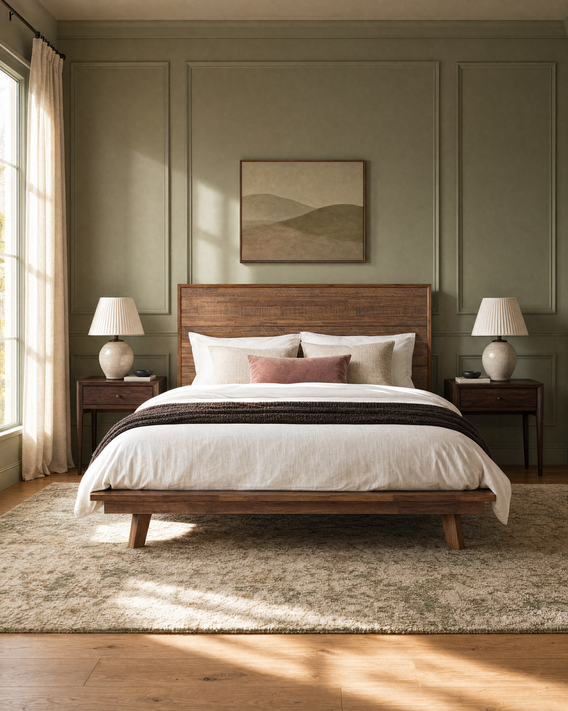 Homestead Bed in Warm Pecan, styled in a bedroom