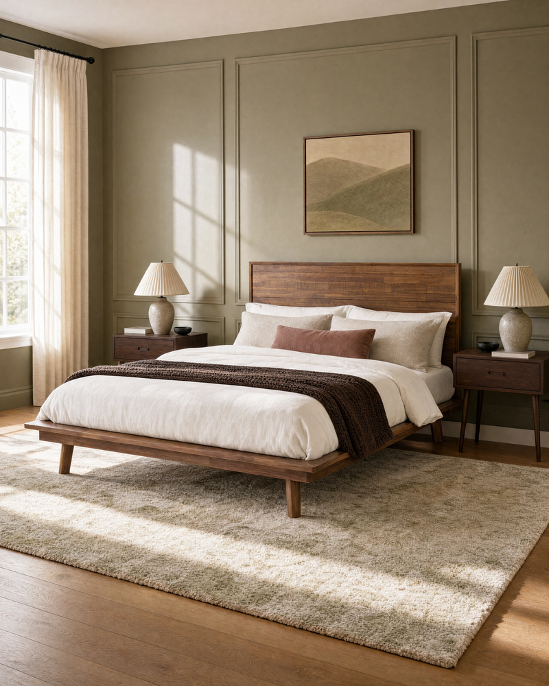 Homestead Bed in Warm Pecan, styled in a bedroom, view 2