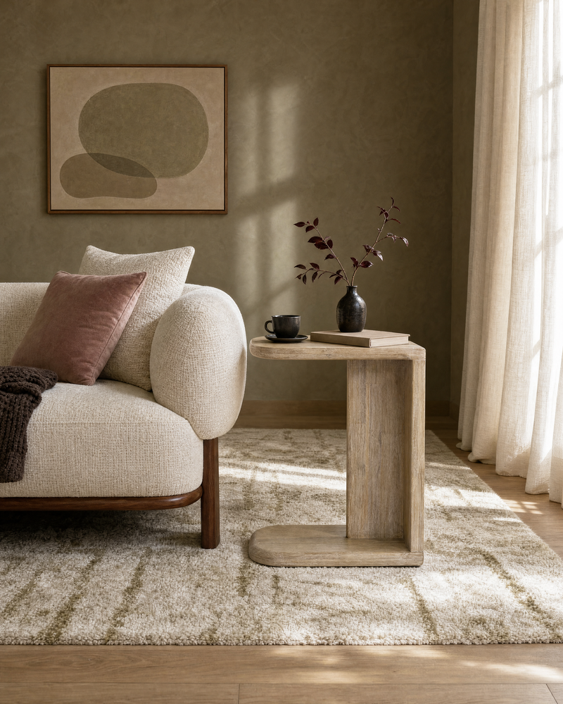 Homestead C-Shaped Side Table in Light Driftwood, styled in a living room