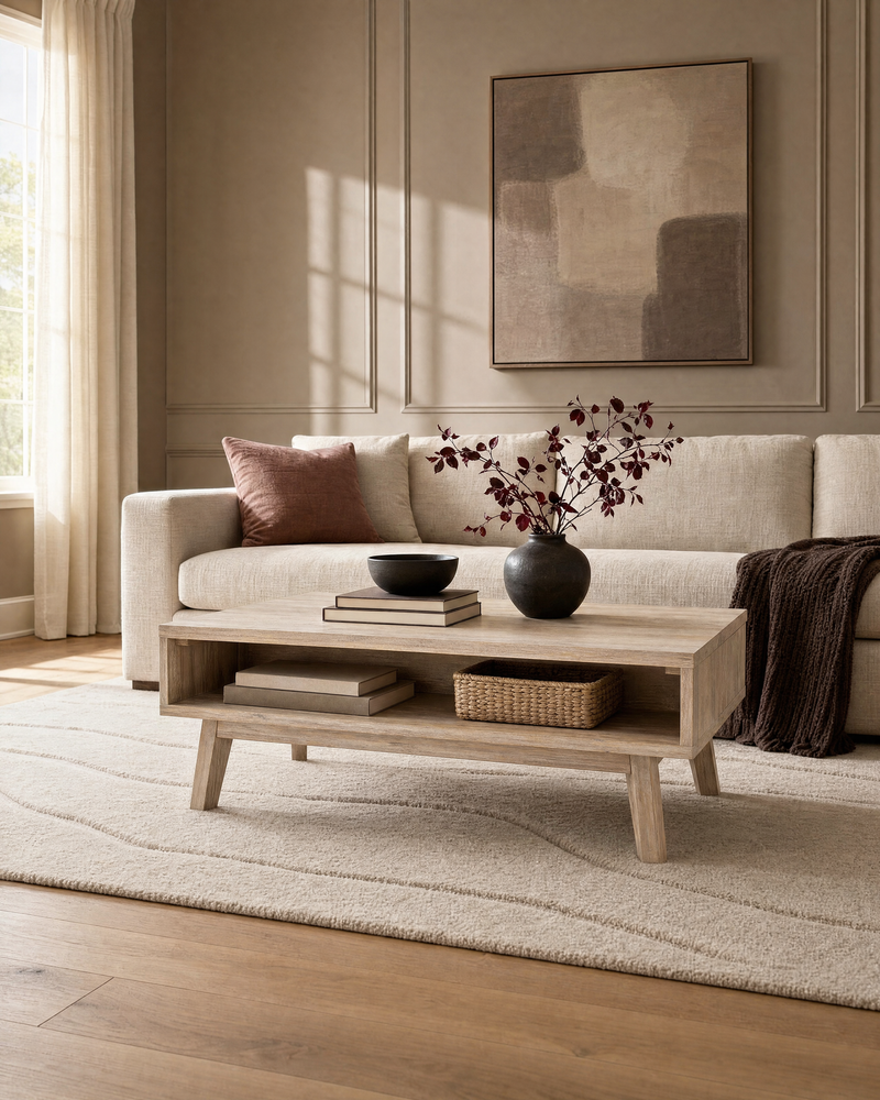 Homestead Coffee Table in Light Driftwood, styled in a living room, view 2