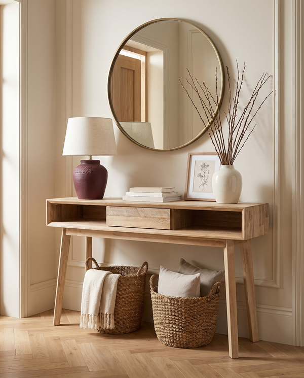 Homestead Console in Light Driftwood, styled in an entryway