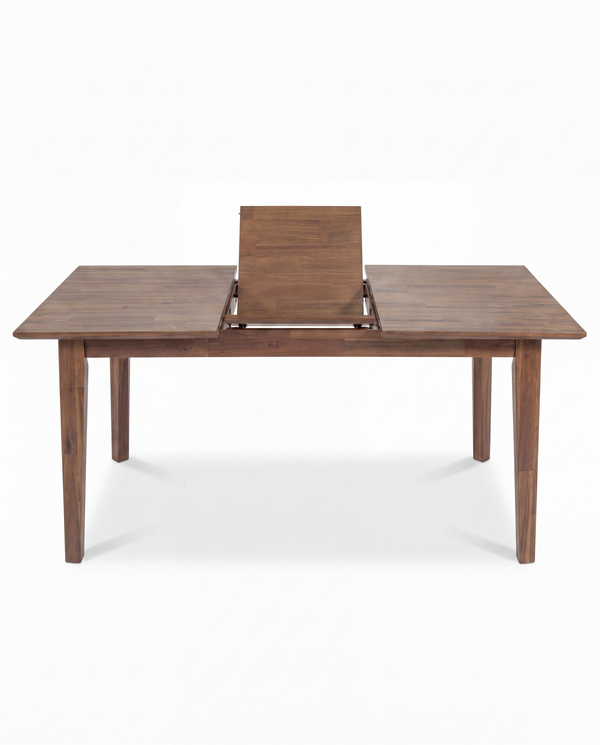 Homestead Extendable Dining Table in Warm Pecan with the storage base lifted open