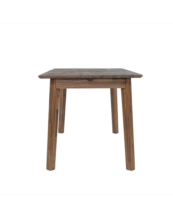 Acacia Homestead Extendable Dining Table in Warm Pecan, side profile showing the angled legs