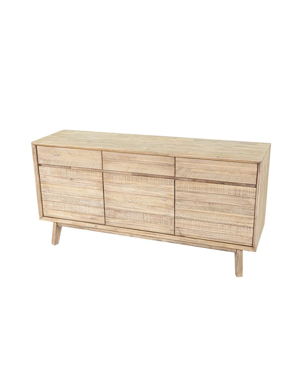 Acacia Homestead Sideboard in Light Driftwood, three-quarter view showing seat depth