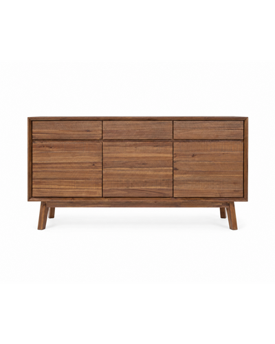 Aykah acacia Homestead Sideboard in Warm Pecan, front view with three drawers, three doors