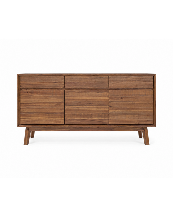 Aykah acacia Homestead Sideboard in Warm Pecan, front view with three drawers, three doors