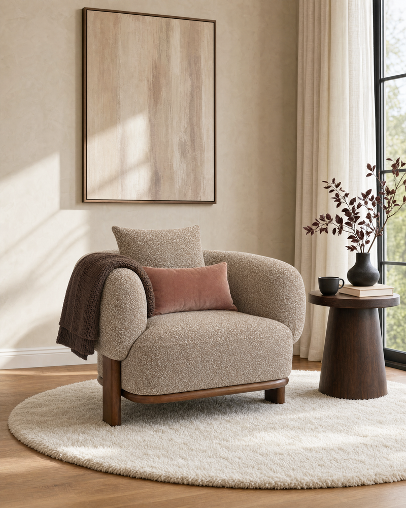 Hugo Chair in Praline Creme, styled in a living room, view 2