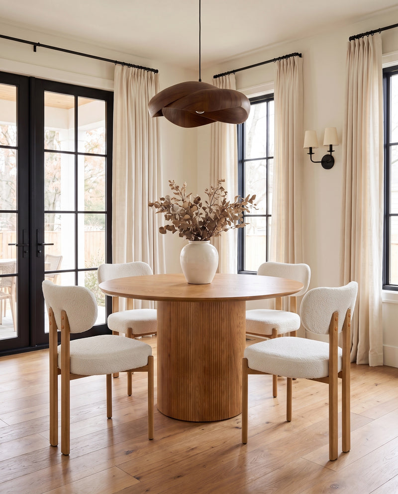 Lark Dining Table in Oak, styled in a dining room