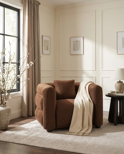 Lillian Armchair in warm espresso, styled in a room