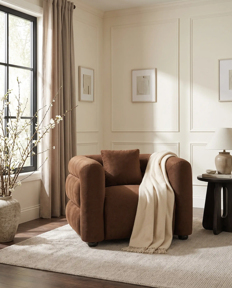 Lillian Armchair in warm espresso, styled in a room