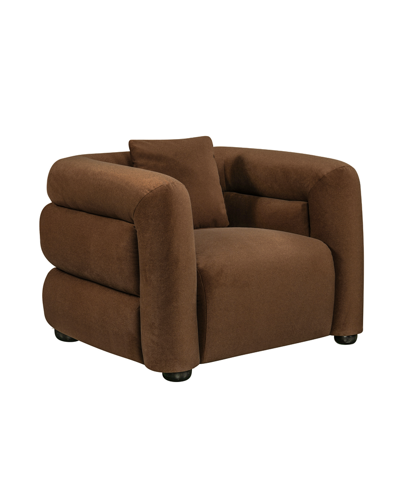 Aykah velvet-feel Lillian Armchair in Warm Espresso, side profile showing depth