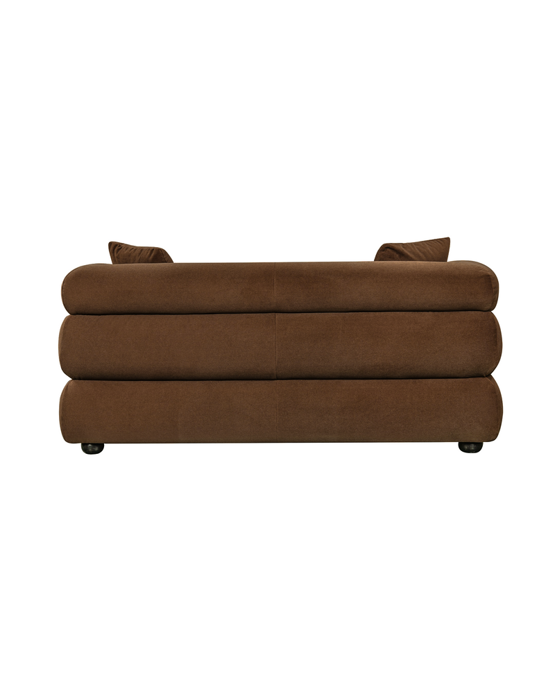 Aykah velvet-feel Lillian Loveseat in Warm Espresso, rear view showing the frame and seams