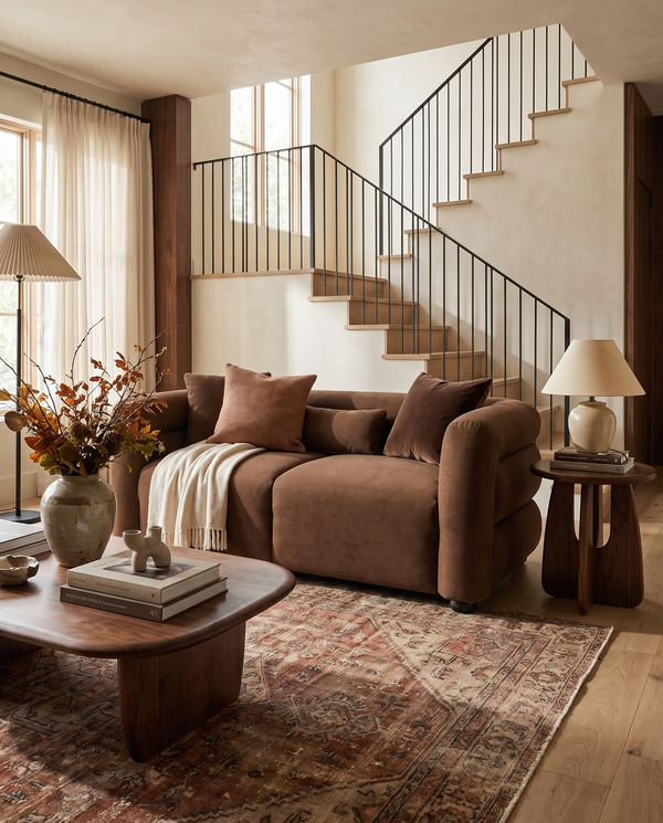 Lillian Loveseat in warm espresso, styled in a room