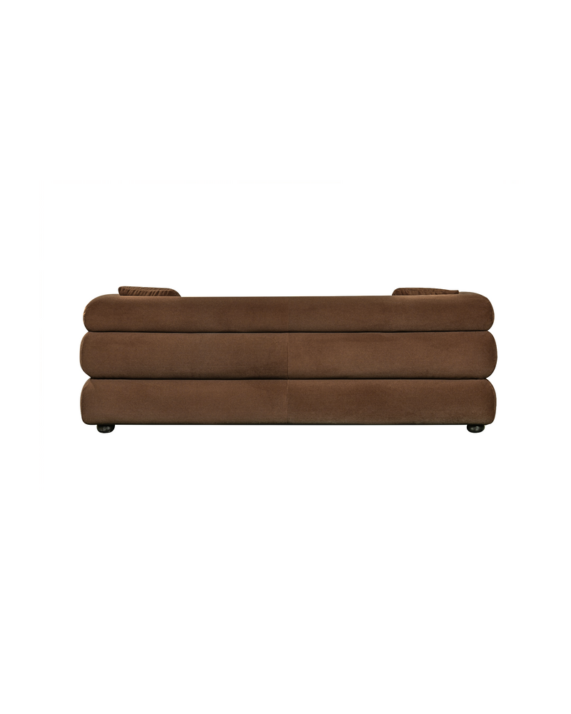 Aykah velvet-feel Lillian Sofa in Warm Espresso, rear view showing the frame and seams