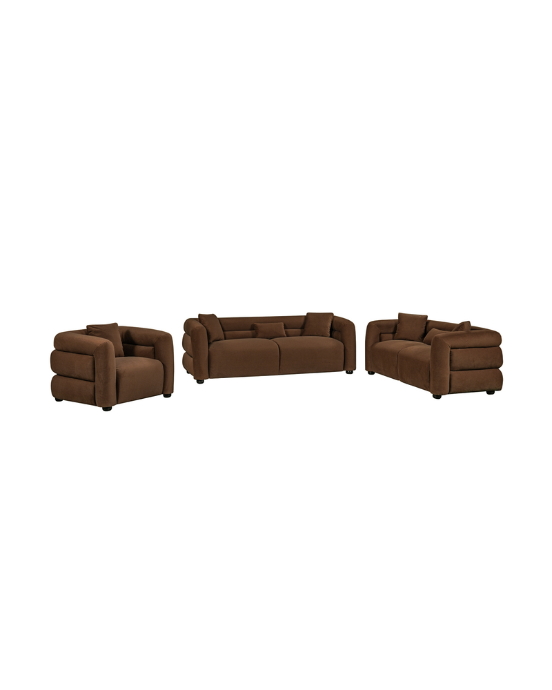 Aykah velvet-feel Lillian Sofa in Warm Espresso, close-up of the seam and stitching