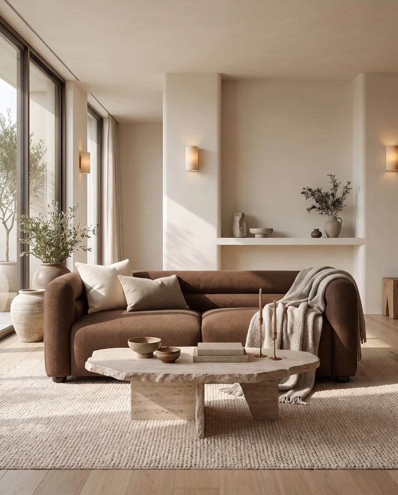 Lillian Sofa in warm espresso, styled in a room
