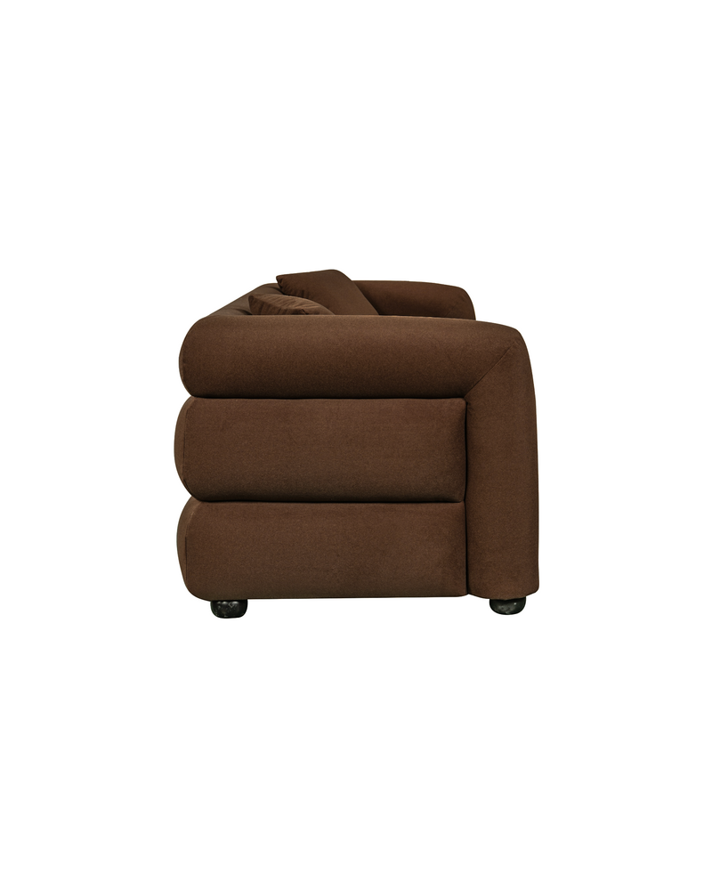Aykah velvet-feel Lillian Sofa in Warm Espresso, side profile showing depth