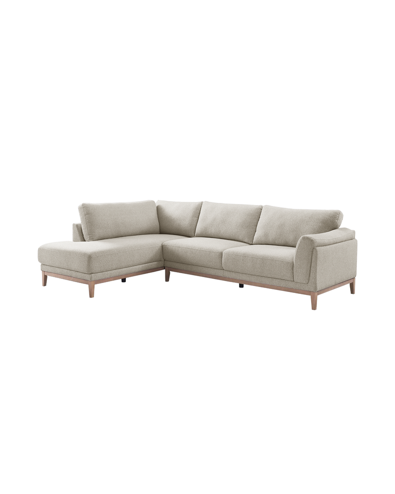 Upholstered Liva Sectional in Natural Dune, left facing, three-quarter view showing seat depth