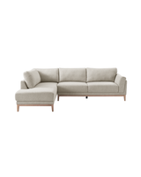 Upholstered Liva Sectional in Natural Dune, left facing, three-quarter view with soft woven fabric