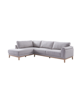Upholstered Liva Sectional in Truffle Grey, left facing, three-quarter view with soft woven fabric