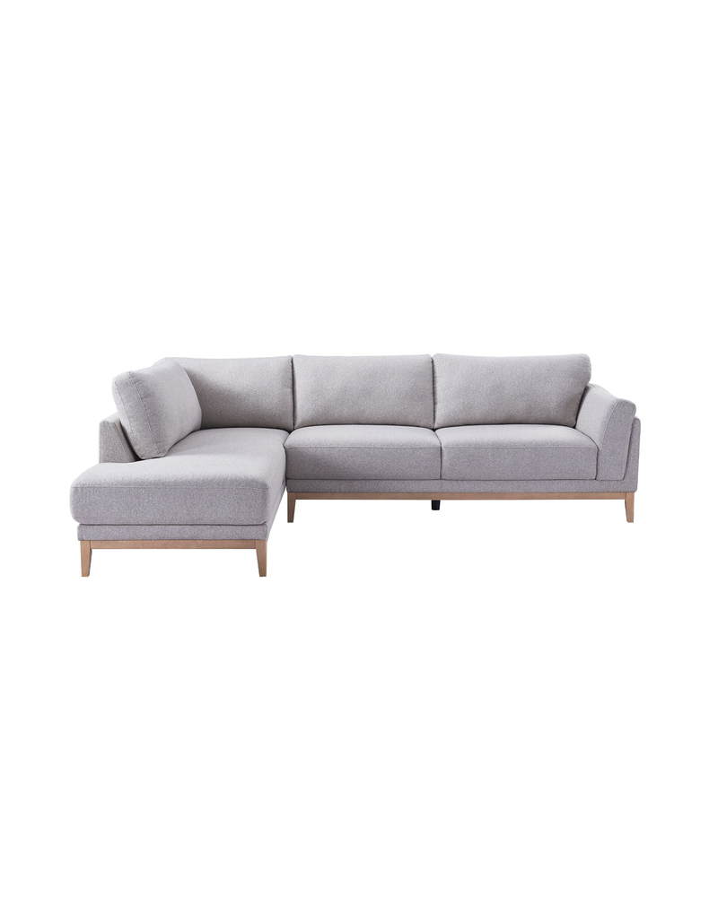 Upholstered Liva Sectional in Truffle Grey, left facing, front view showing seat depth