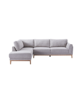 Upholstered Liva Sectional in Truffle Grey, left facing, front view with soft woven fabric