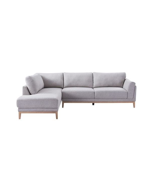 Upholstered Liva Sectional in Truffle Grey, left facing, front view with soft woven fabric