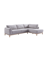 Upholstered Liva Sectional in Truffle Grey, right facing, three-quarter view with soft woven fabric