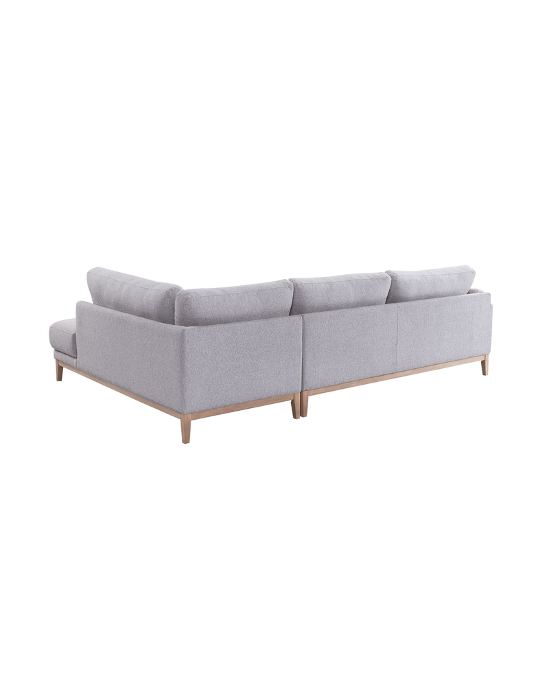 Upholstered Liva Sectional in Truffle Grey, right facing, back view showing the finished reverse