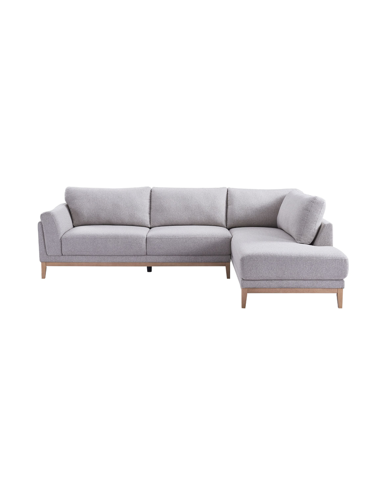 Upholstered Liva Sectional in Truffle Grey, right facing, front view with soft woven fabric