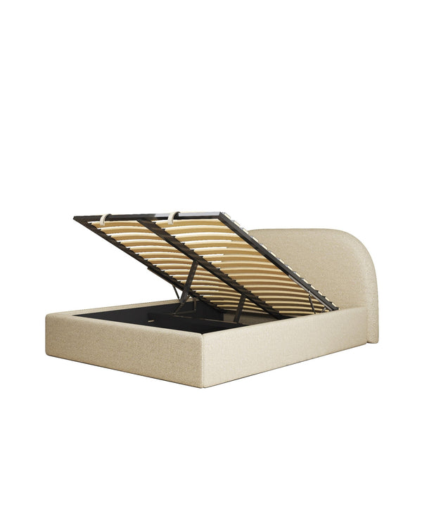 Bouclé Lunel Lift Up Storage Bed in Toffee Cream, three-quarter view showing seat depth
