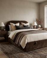Lunel Lift Up Storage Bed in Roasted Cacao, styled in a bedroom