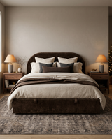Lunel Lift Up Storage Bed in Roasted Cacao, styled in a bedroom, view 2