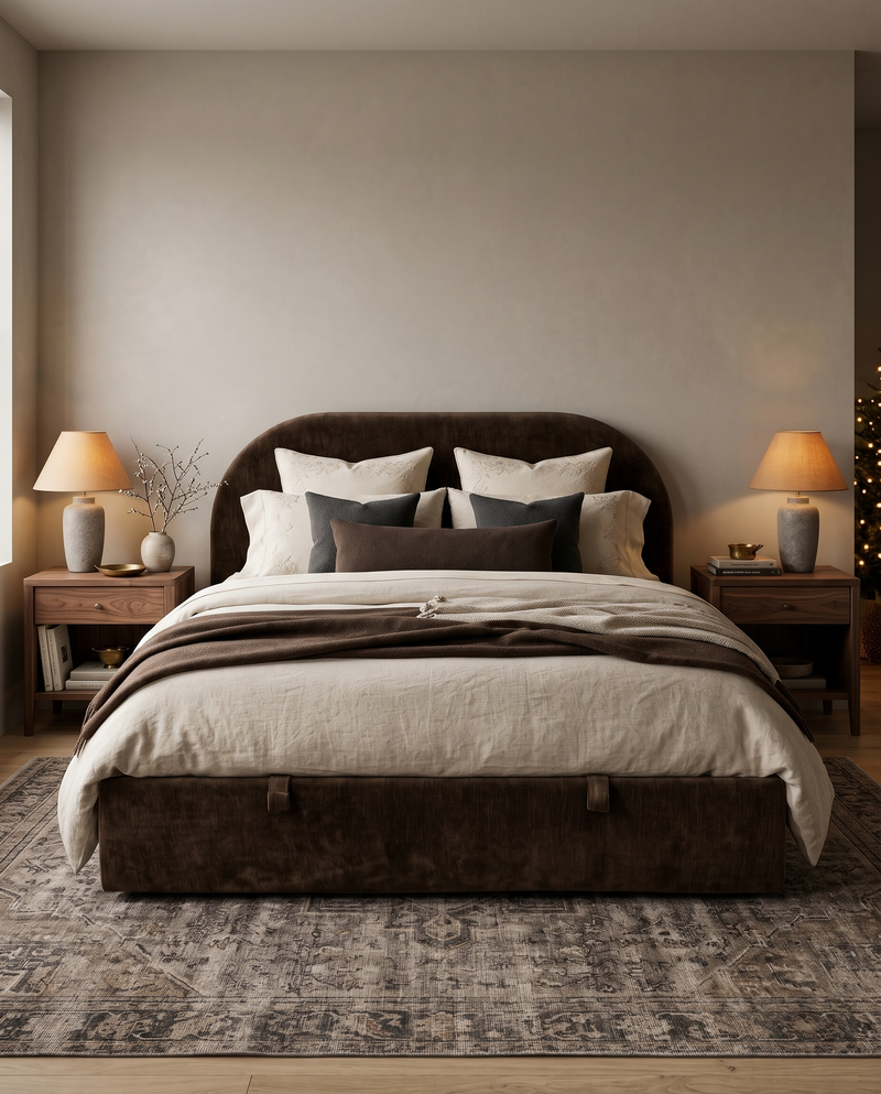 Lunel Lift Up Storage Bed in Roasted Cacao, styled in a bedroom, view 2