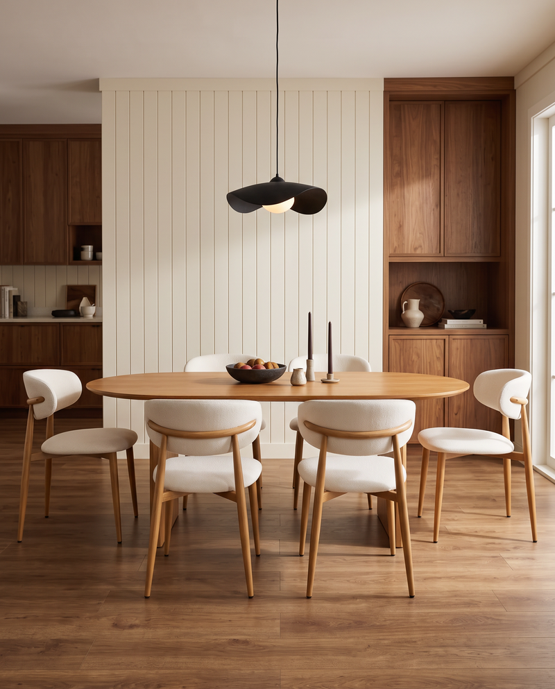 Mabel Dining Chair in Almond Cream with Oak, styled in a dining room, view 2