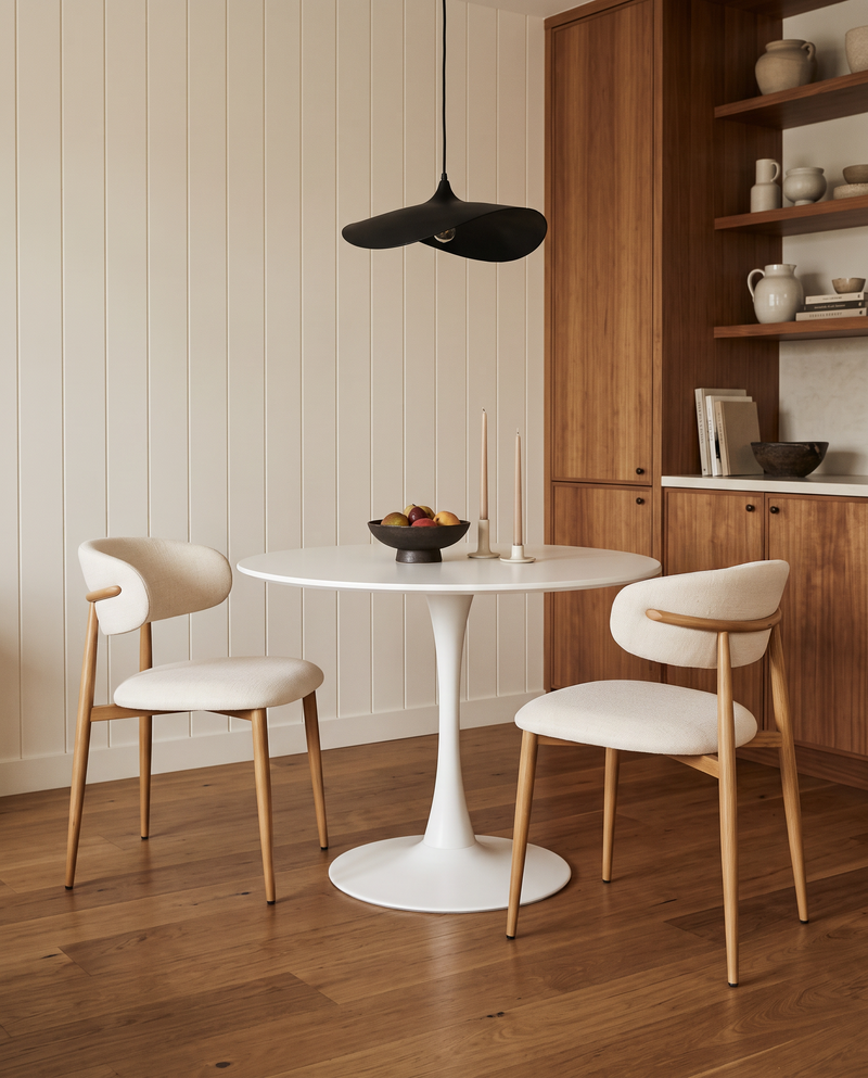 Mabel Dining Chair in Almond Cream with Oak, styled in a dining room, view 3