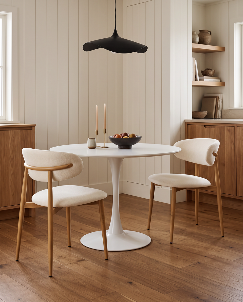 Mabel Dining Chair in Almond Cream with Oak, styled in a dining room, view 4
