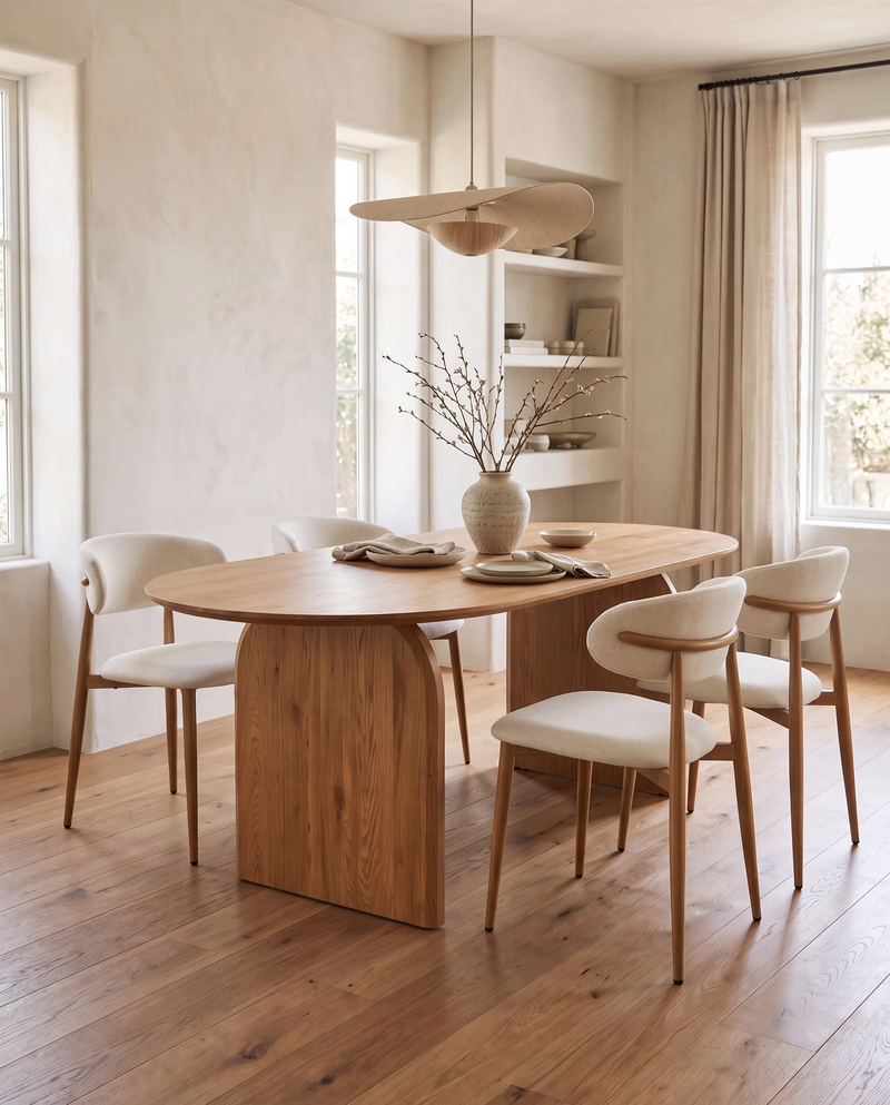 Mabel Dining Chair in Almond Cream with Oak, styled in a dining room, view 5