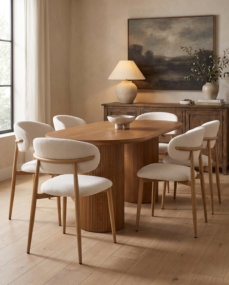 Bouclé Mabel Dining Chair with Oak-finish metal legs, six chairs at an oval dining table beside a wood sideboard