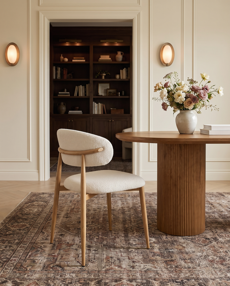 Bouclé Mabel Dining Chair with Oak-finish metal legs, rear three-quarter view showing the curved backrest