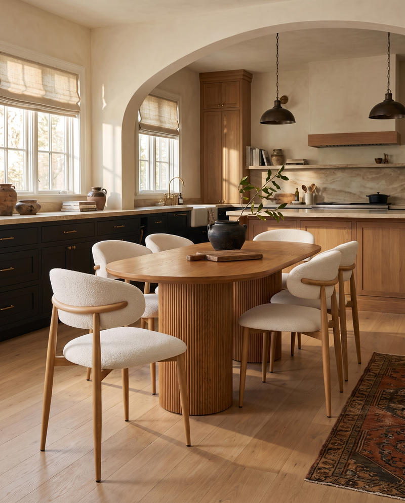 Bouclé Mabel Dining Chair with Oak-finish metal legs, six chairs at an oval table in an open-plan kitchen