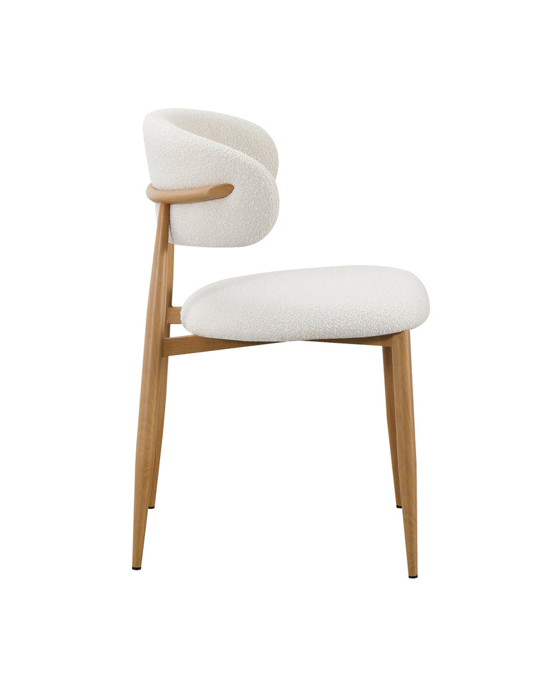 Bouclé Mabel Dining Chair with Oak-finish metal legs, side profile showing frame depth