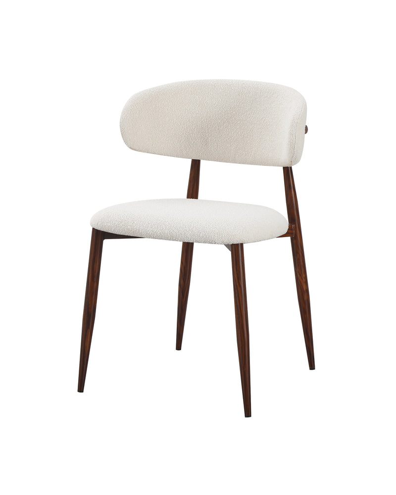 Bouclé Mabel Dining Chair with Walnut-finish metal legs, three-quarter view showing seat depth
