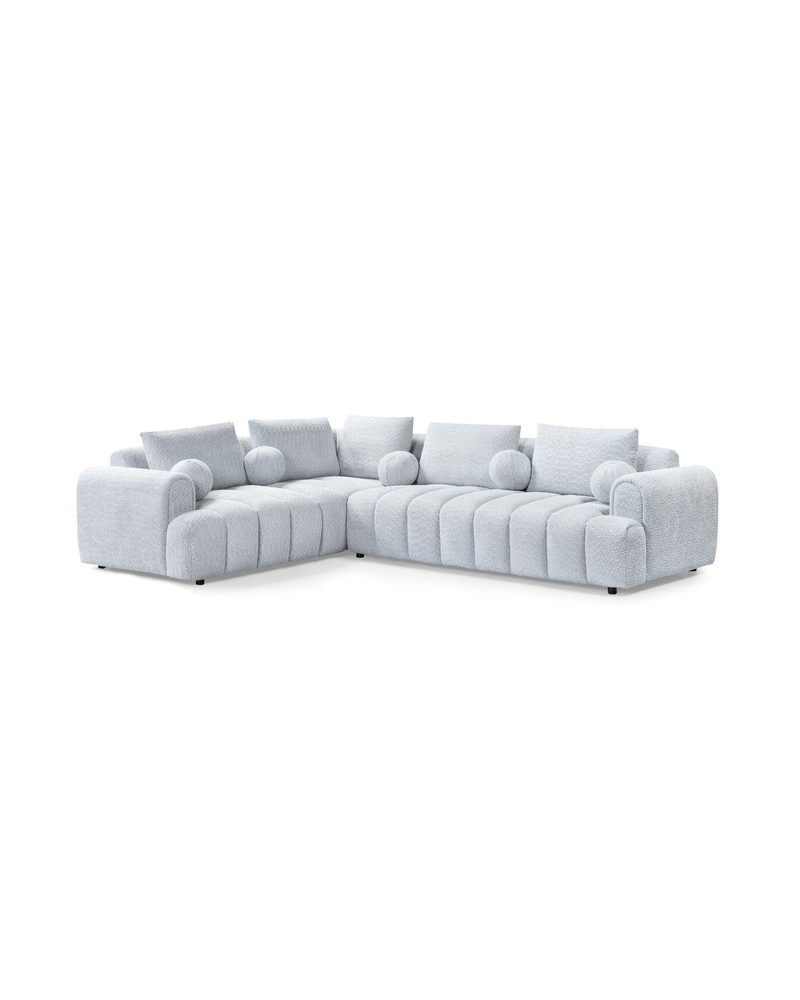 Bouclé Mellow Sectional in Silver Mist, left facing, three-quarter view showing the corner