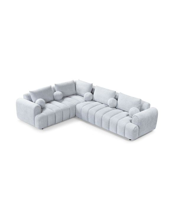 Bouclé Mellow Sectional in Silver Mist, left facing, side profile showing frame depth