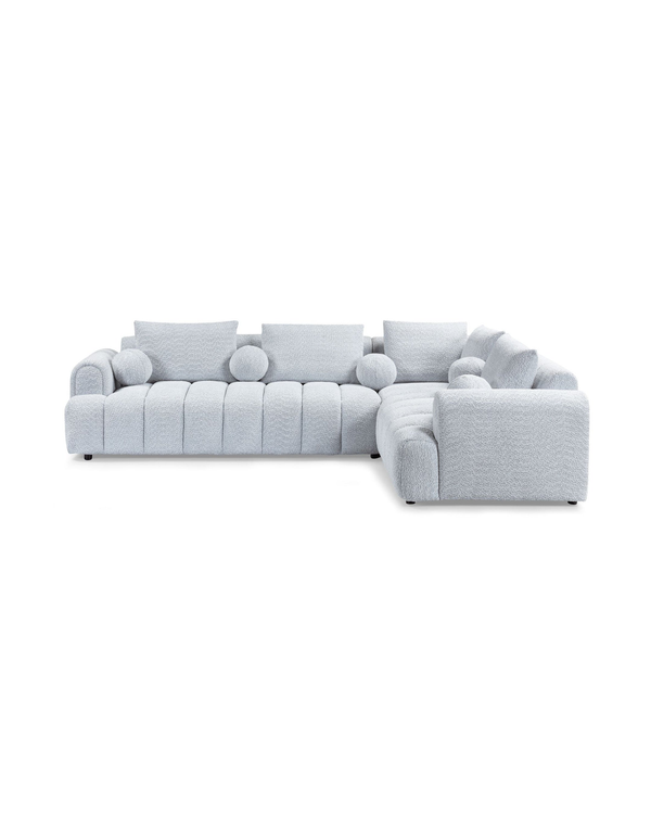 Bouclé Mellow Sectional in Silver Mist, right facing, three-quarter view showing seat depth